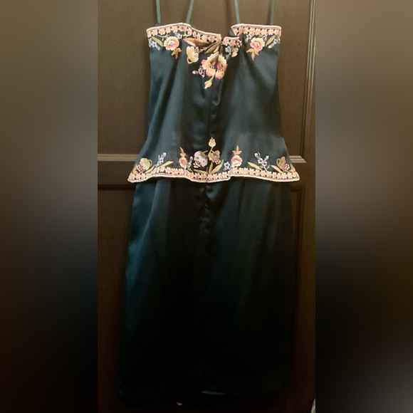 Sue Wong 100% 4 Silk Emerald Teal Strapless Embroidered Peplum Evening Dress - Picture 8 of 12